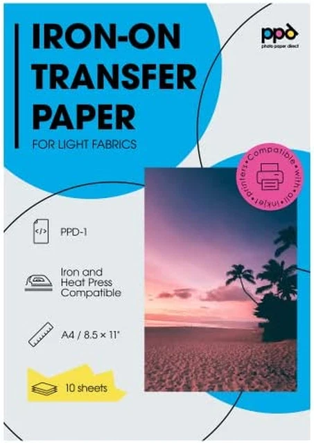 PPD Inkjet PREMIUM Iron-On White and Light Color T Shirt Transfers Paper LTR 8.5