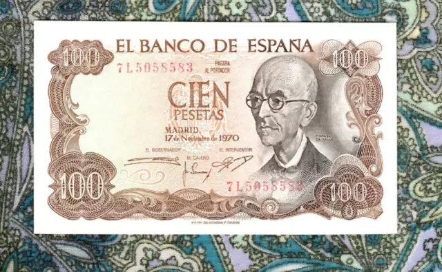 Great Historic Banknotes Spain 100 Pesetas 1970 P 152 UNC Prefix 7L