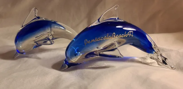 2-Murano Style Cobalt Art Glass Dolphins Pensacola, FL Figurines Paperweights.