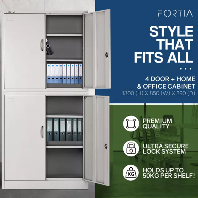 FORTIA 4-Door Lockable Cabinet Storage Steel Shelves Stationery Office Locking