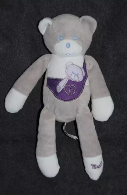 Peluche MUSTI MUSTELA Doudou Ours Mauve Violet Gris Blanc 28 Cm Etat NEUF