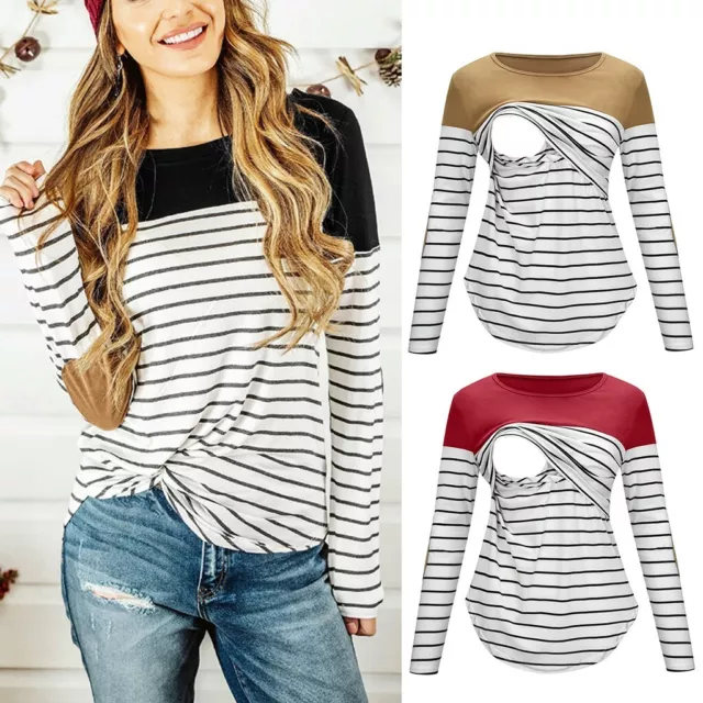 Maternity Pregnant Long Sleeve Striped Breastfeeding Nursing Top T-shirt Blouse