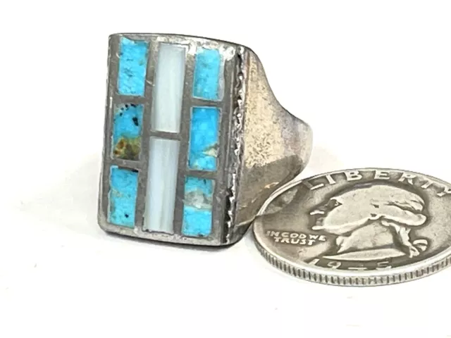 Sterling Silver Turquoise MOP Geometric 8 Stone Ring Sz9 21mm Old Pawn AZ estate