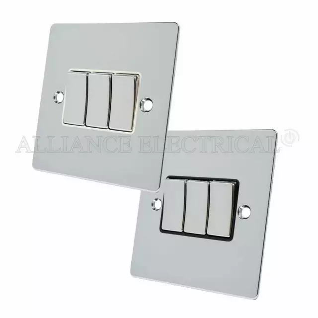 Polished Mirror Chrome Flat 3 Gang Switch - 10 Amp Triple 3G 2 Way Light Switch