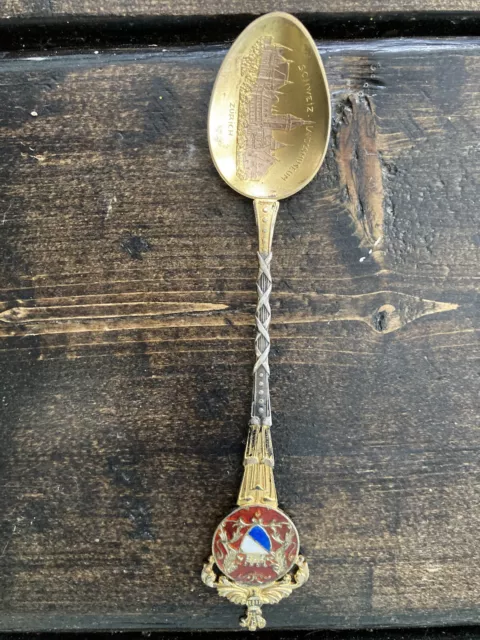 Schweiz Landesmuseum 800 RE Silver & Enamel Collector Souvenir Spoon Zurich