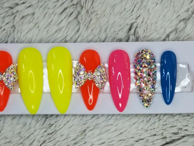 Neon Rainbow bling nails crystal bow Gel Press On nails diamond long stiletto