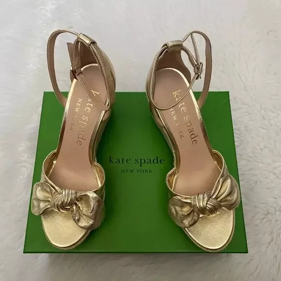 NEW in Box-Kate Spade Tianna Pale Gold Metallic Leather Espadrille Wedges 9