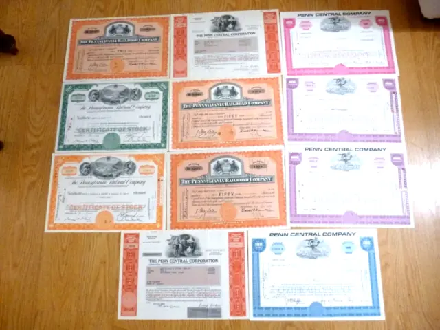Lot of 11  Vintage Pennsylvania Railroad, Penn Central Stock Certificates