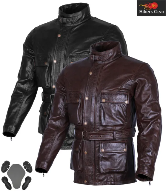 Bga Herren Motorrad Biker Gewachstes Leder Lange Jacke Mantel Ce Gepanzert