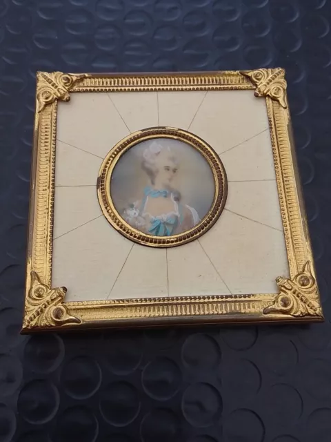 Antique Miniature Portrait Painting Of A Lady In A Metal  Gilt  Frame