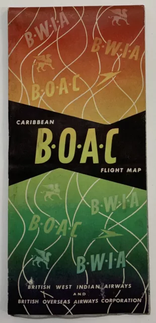 Vintage AIRLINE FLIGHT MAP: 1950s BOAC BWIA - British West Indian Airways