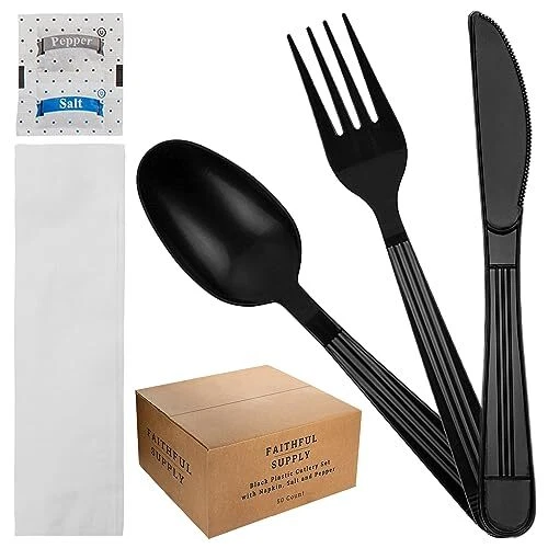 Faithful Supply 50 Black Plastic Silverware Sets Plastic Ware Utensils Set He...