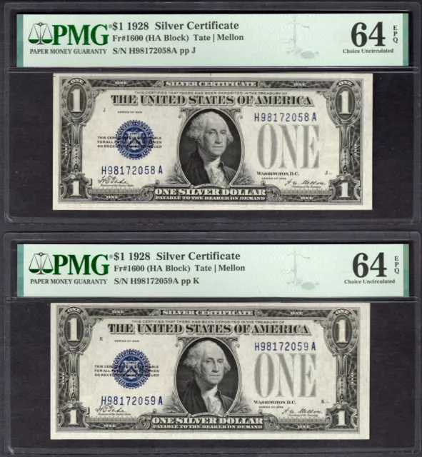 Lot of Two Consecutive 1928 $1 Silver Certificates PMG 64 EPQ Fr.1600