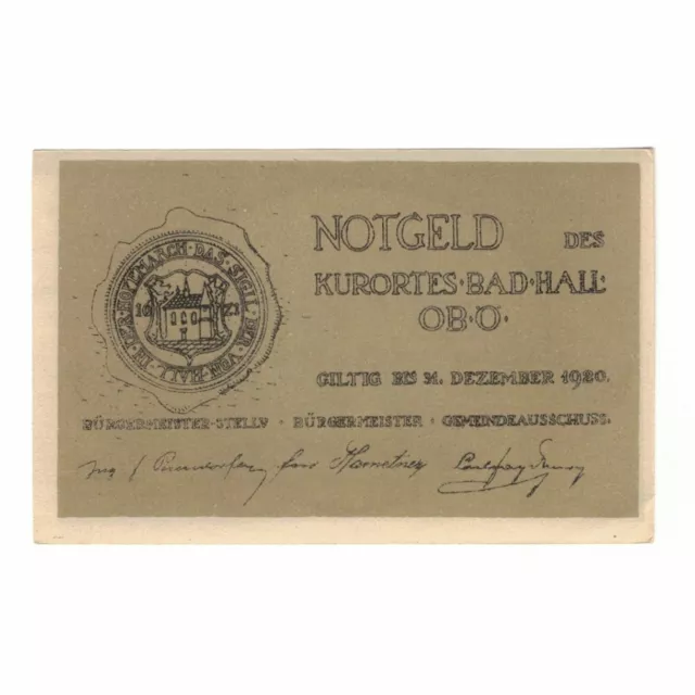 [#323728] Banknote, Austria, Bad Hall O.Ö. Gemeinde, 50 Heller, village, 1920