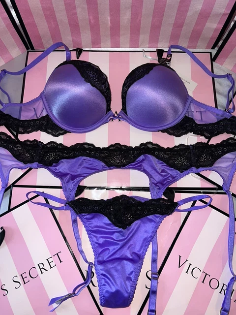 VICTORIAS SECRET Bombshell Bra Garter Belt Satin & Lace Thong Small Purple  32C $79.19 - PicClick