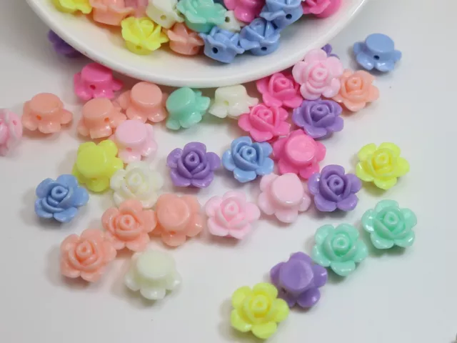 100 Mixed Pastel Color Acrylic FlatBack Rose Flower Beads 13mm Jewelry Making