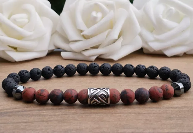 Matte Mahogany Obsidian & Black Lava Stone Stainless Steel Tribal Bead Bracelet