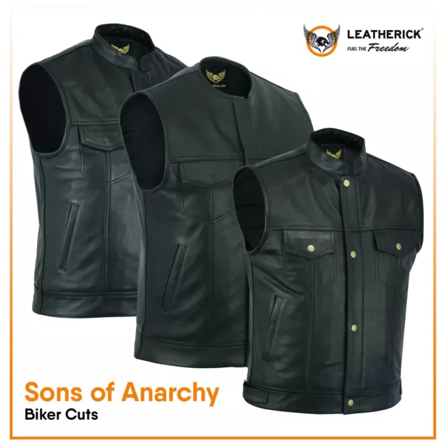 Men Genuine Leather Sons of Anarchy Motorcycle Vests Black Biker Club Waistcoats
