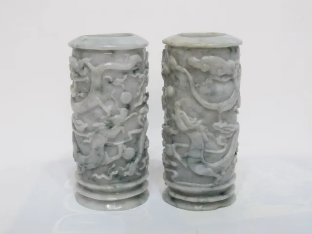 Pair of Fine Chinese Jade Carved Small Dragons Vases