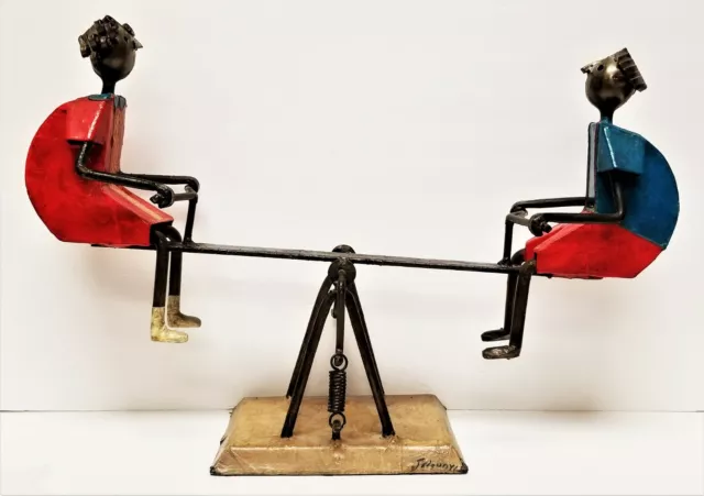 Vintage FELGUEREZ Folk Art Metal Boy & Girl Seesaw See-Saw Modernist Sculpture