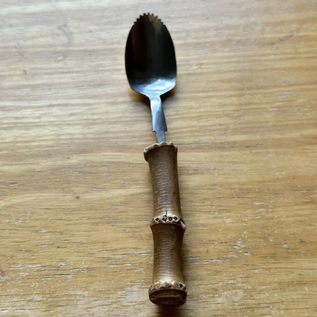 VINTAGE BAMBOO HANDLED Grapefruit Spoon Japan Stainless Serrated 7.99
