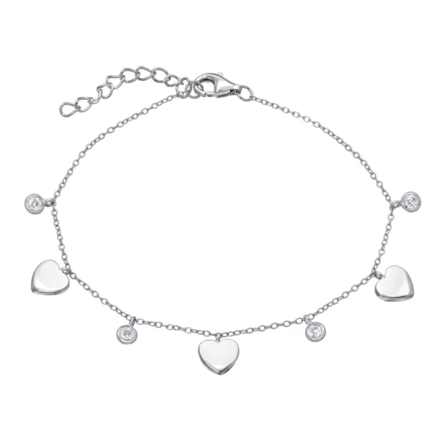 925 Sterling Silver Bracelet With Dangling Hearts and Cubic Zirconia For Women
