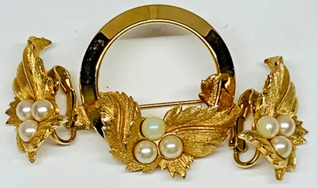 Vintage Sarah Coventry Faux Pearl Gold Plated Brooch and Clip-on Earring Set