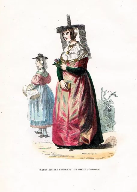 1845 -macon Francia Costume Tradizionale Incisione su Legno Stampa Antica