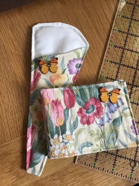 Unique  SEWING NEEDLE + SCISSOR CASE Floral Fabric Butterflies  Button