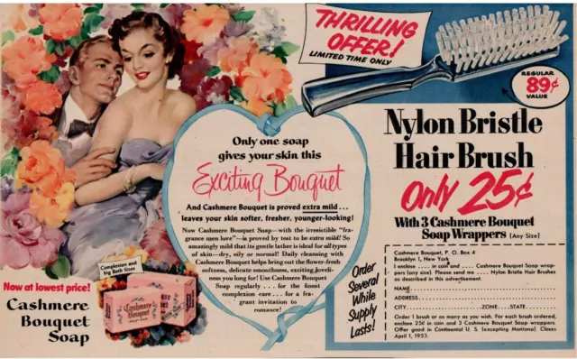 1950's Cashmere Bouquet Soap "Hair Brush" Colored Magazine Print Ad 10x6"