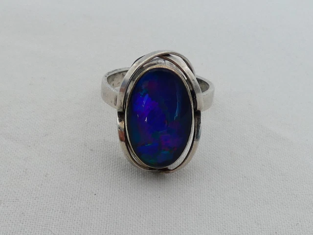 Estate Sterling Silver Size 8 Black Opal Ring XM-16