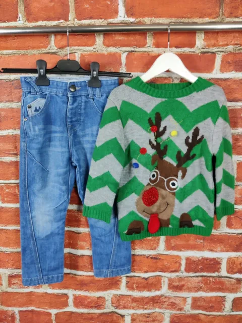 Boys Bundle Age 3-4 Years Mantaray George Jeans Christmas Jumper Rudolph 104Cm