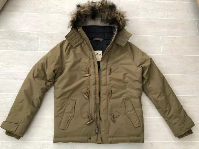 NEW HOLLISTER MENS Toggle Puffer Faux Fur Hooded Jacket Coat- Tan
