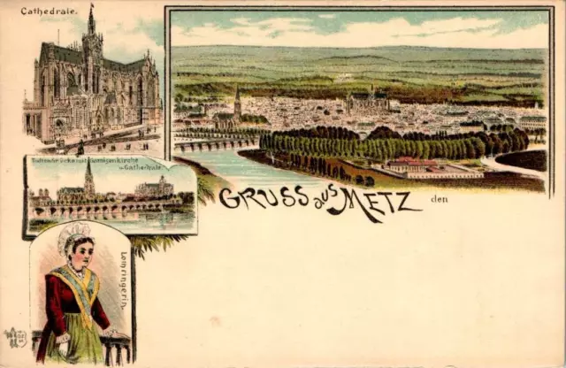 LITHO GRUß AUS FRANKREICH METZ LOTHRINGEN CATHEDRALE 4 BILD COL. UM 1900