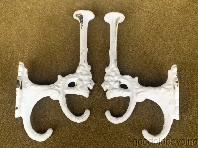 Pair of Cast Iron Hall Tree Hooks Lions Heads Coat Rack Hat Hooks Painted White
