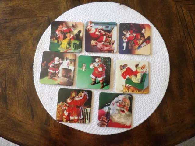Coca Cola Coke Santa Claus Coasters Cork Back Set of 8 All Different 3.5"x3.5"