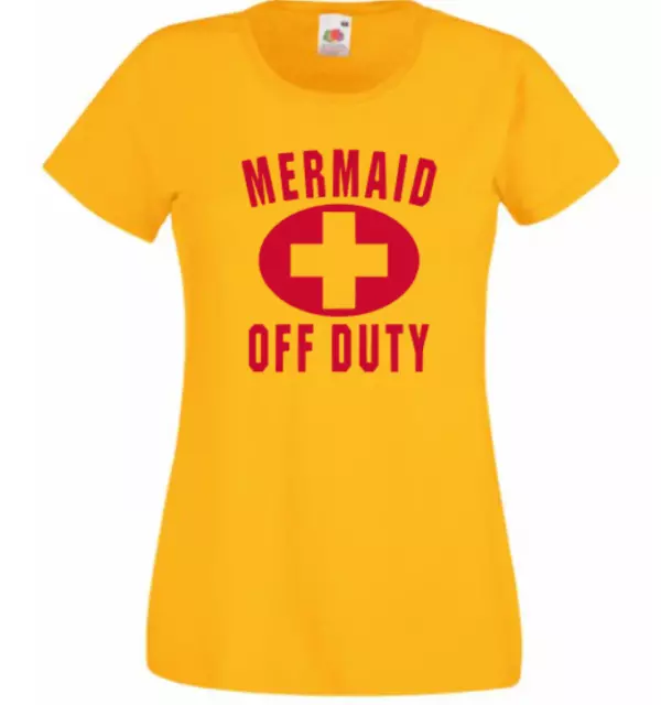 Mermaid off duty lifeguard t shirt yellow white ladies top cotton FOTL women UK