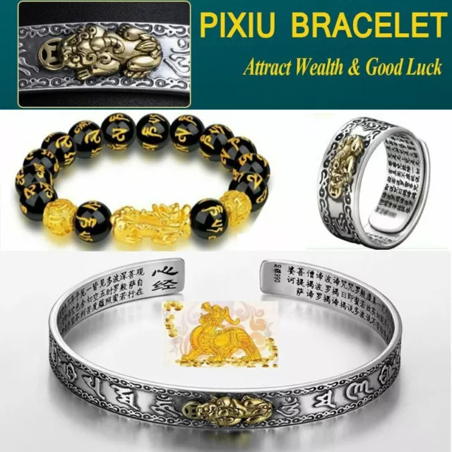 Lucky Feng Shui Obsidian Pixiu Beads Bracelet Bangle Ring Set Wealth Unisex Gift