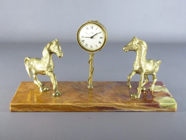 Orologio da tavolo statue cavalli base pietra onice scultura vintage XX sec.