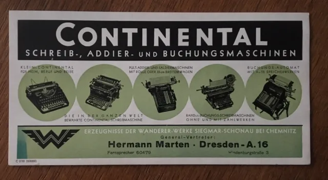 Werbeblatt CONTINENTAL/Wanderer-Werke General-Vertreter H. Marten Dresden ,21x10