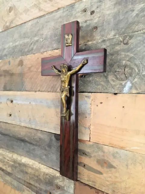 Antique French Art Deco Wood & Brass Wall Hanging Crucifix Church Cross Jesus