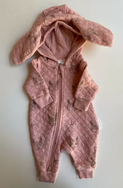Purebaby baby girl size newborn pink hooded quilted one-piece bunnies, EUC