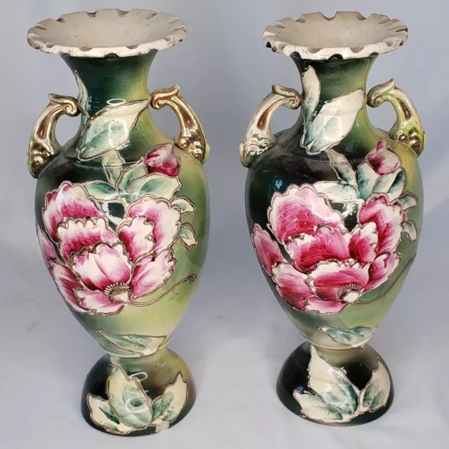 Victorian Hand Painted Porcelain Floral Vase Pair