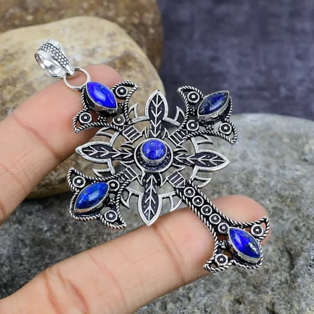 Lapis Lazuli Gemstone Handmade Solid 925 Sterling Silver Cross Pendant Jewelry