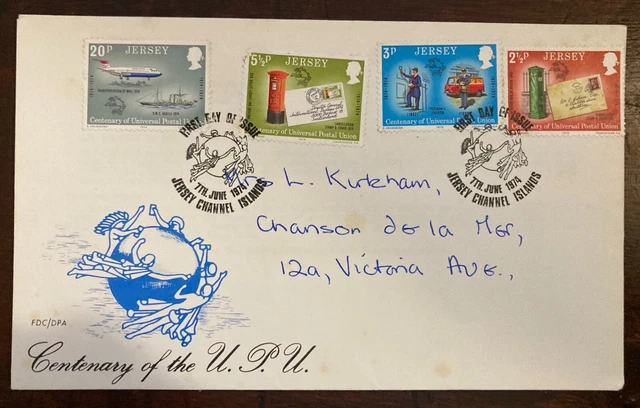 Jersey First Day Cover Stamps Centenary of Postal Union addressed 7 June 1974