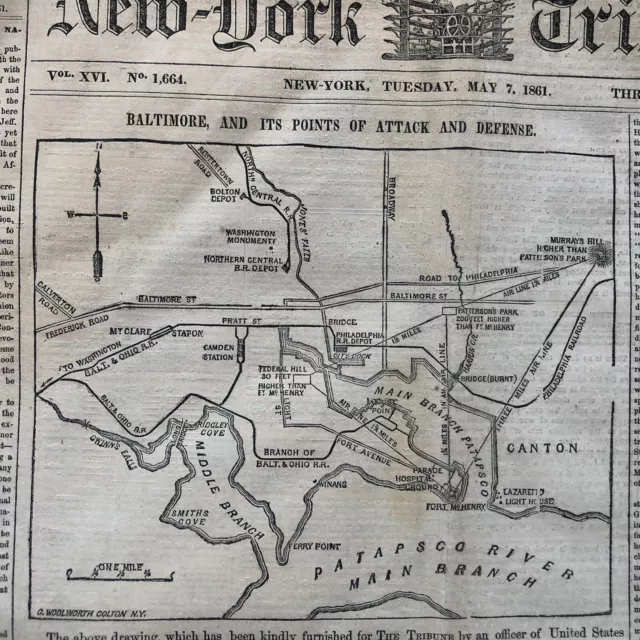 1861 CIVIL WAR newspaper LARGE MAP of BALTIMORE MARYLAND after PRATT STREET RIOT