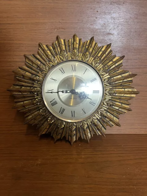 Vintage Retro Seth Thomas Gold Coloured Sunburst Starburst Wall Clock