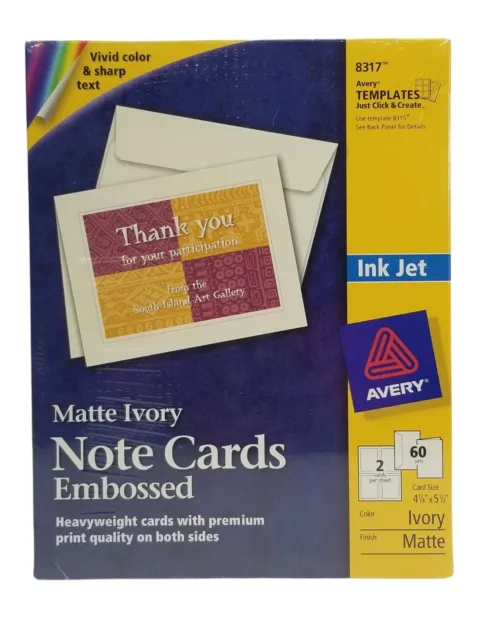 Avery Ink Jet Note Cards Embossed Matte Ivory 4 1/4" x 5 1/2" 60 Sets #8317 NEW
