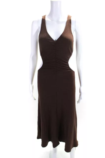 Reformation Womens Cotton Ribbed Knit Cut Out V-Neck A-Line Dress Brown Size XS