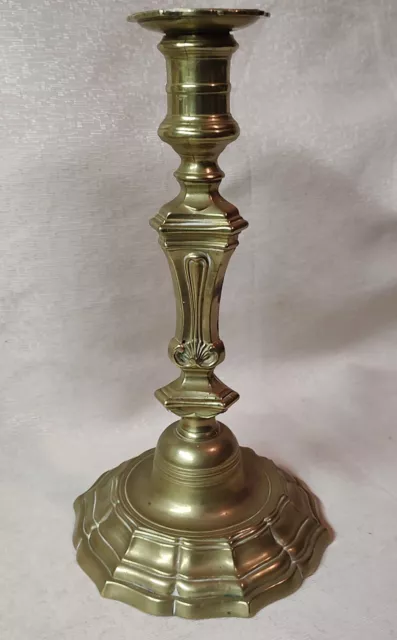 Antique 18th C French Brass Stepped Base Shell Motif Candlestick 10"